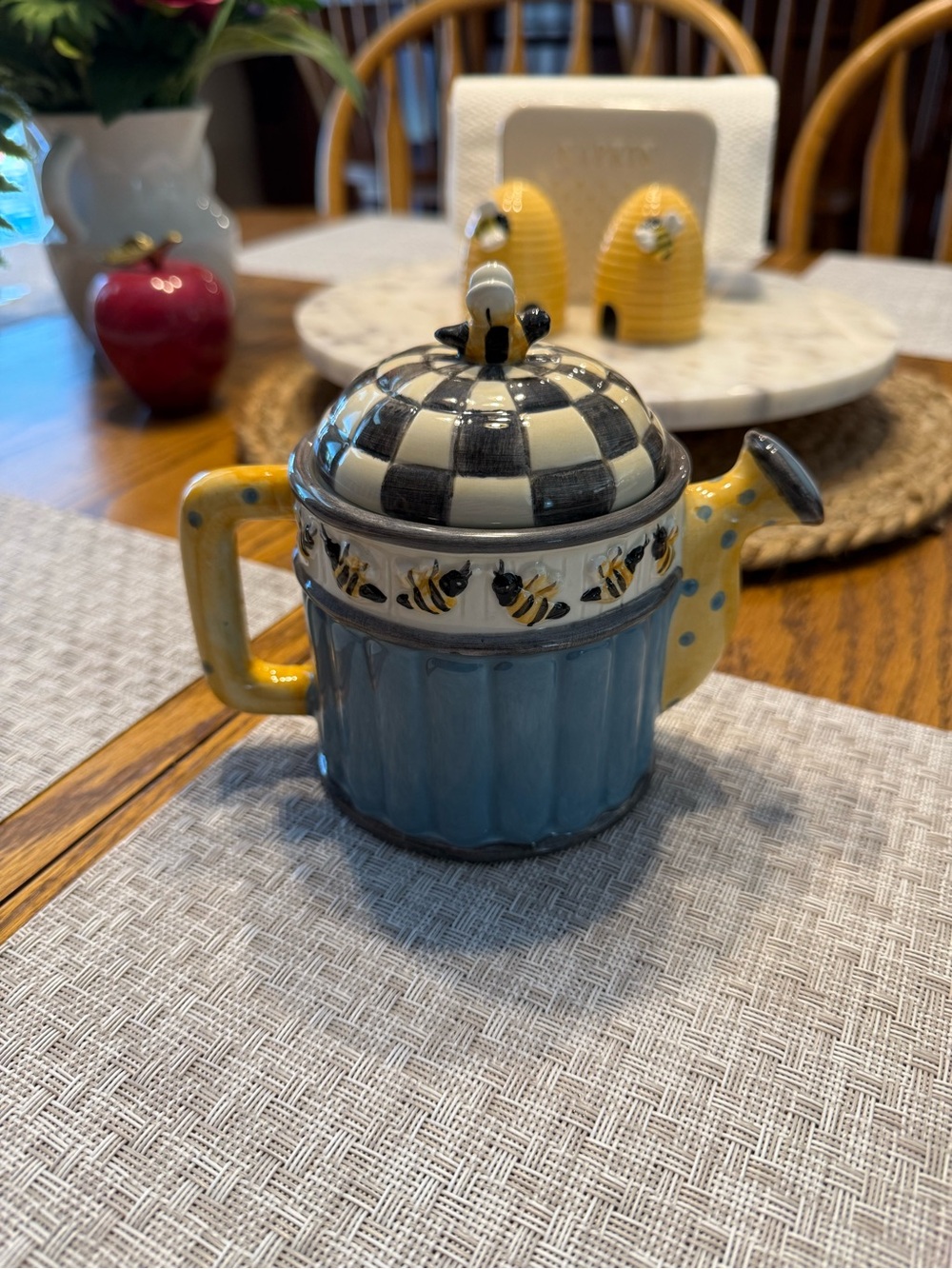 Sakura Debbie Mumm Bumble Bee/Beehive Teapot Handpainted 5” Blue/Yellow Ceramic